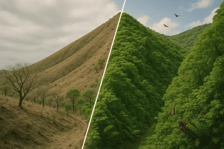 An arid mountainside turning into a regenerated forest: the ecological transition as an opportunity.