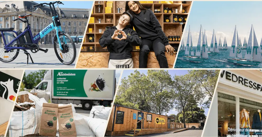 Un panorama des clients à impact accompagnés par Junko : mobilité douce, alimentation inclusive, transport à la voile, compostage urbain, réemploi.