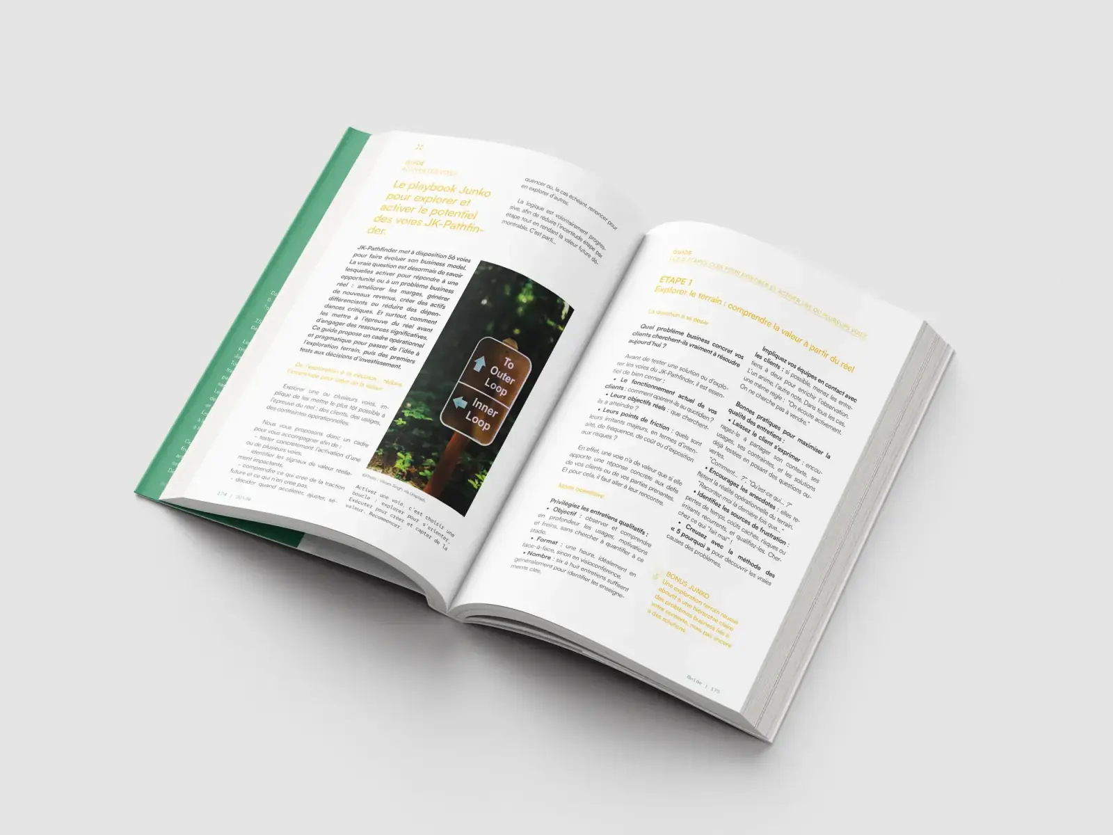 Double-page spread of the JK-Pathfinder book: the playbook to explore and activate the paths, and step 1 “Explore the field”.
