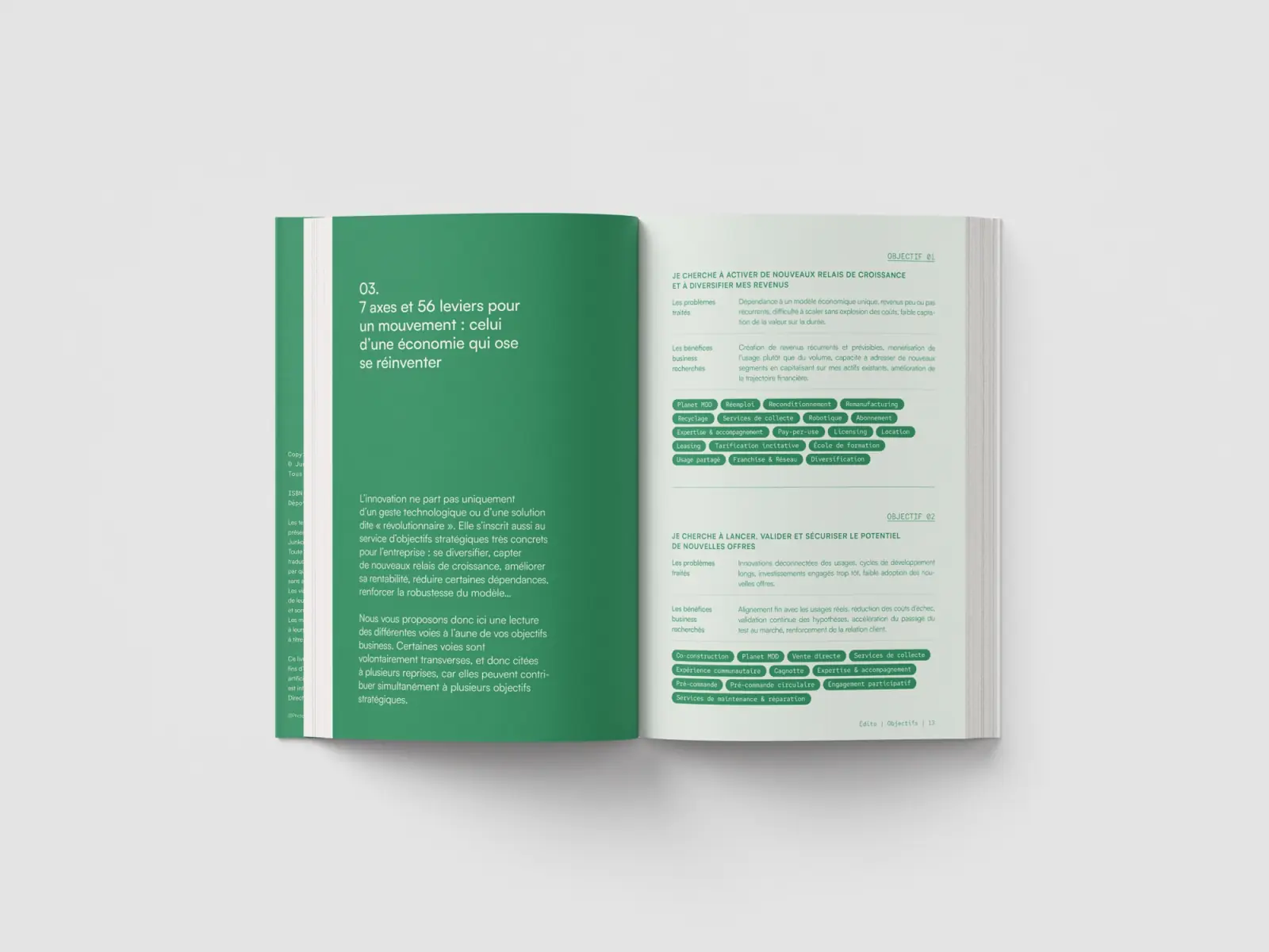 Double-page spread of the JK-Pathfinder book: the introduction “7 axes and 56 levers for a movement” and the reading of paths by business goal.