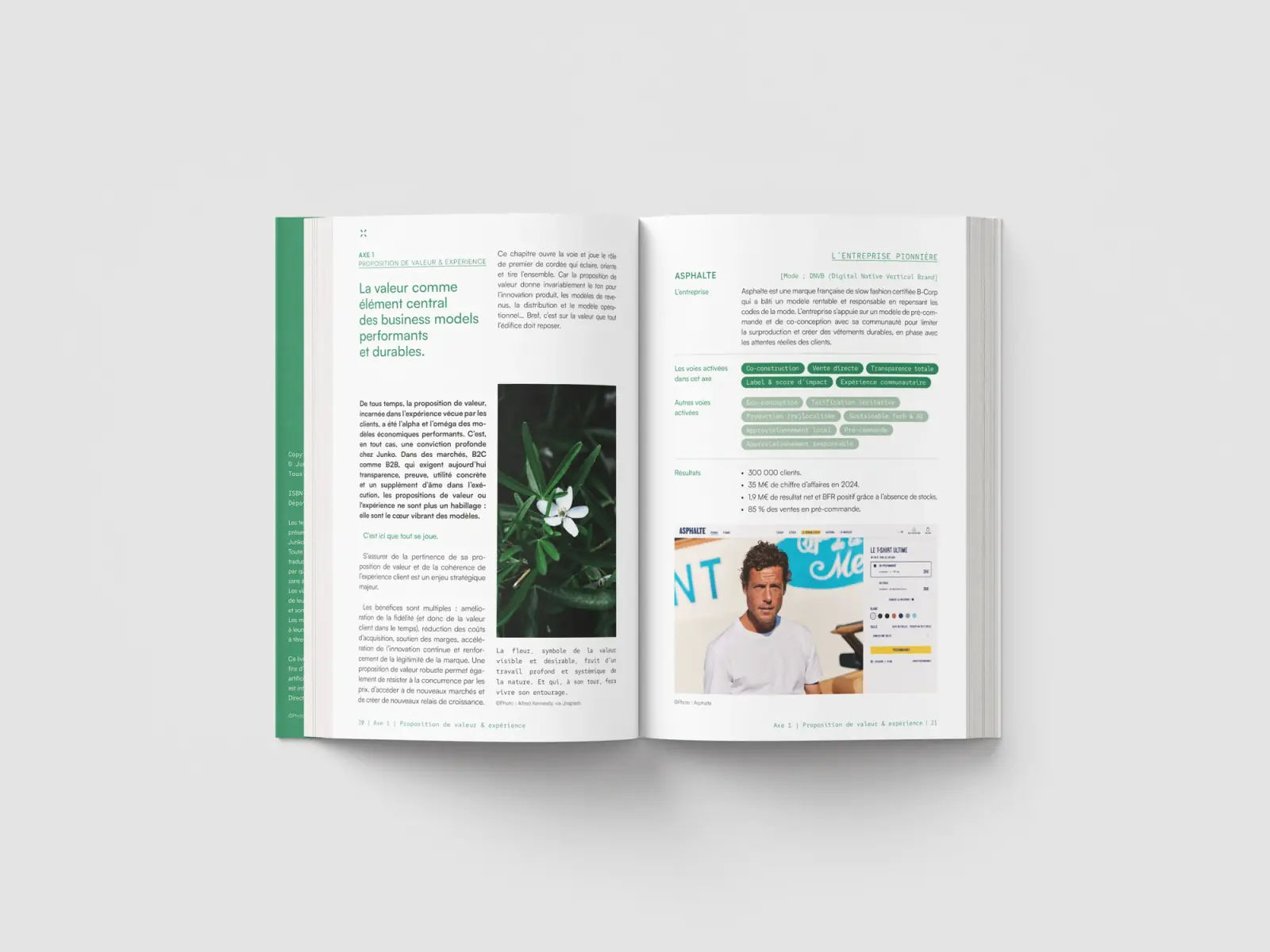 Double-page spread of the JK-Pathfinder book: the Value proposition & experience axis and the pioneering company case of Asphalte.